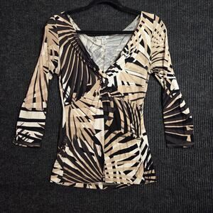Cache Y2K Tropical Palm Print Twist Front V Neck Top M Babydoll 3/4 Sleeve